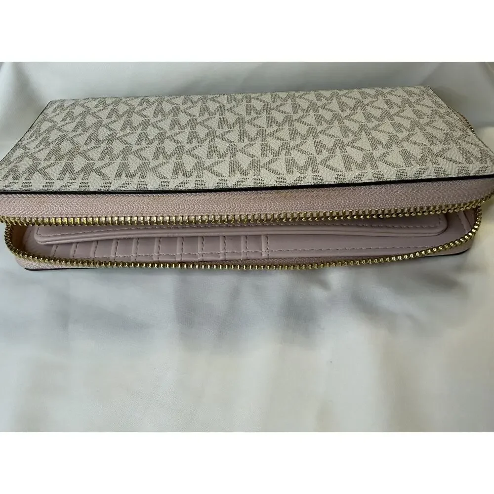Michael Kors MK Logo Jet Set Zip-Around Wallet Travel Continental Wristlet Pink